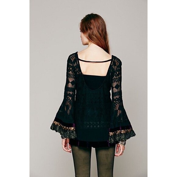 RARE Free People Black Lace Velvet Silk Bell Sleeve Whimsigoth Mini Dress Tunic - Picture 9 of 16